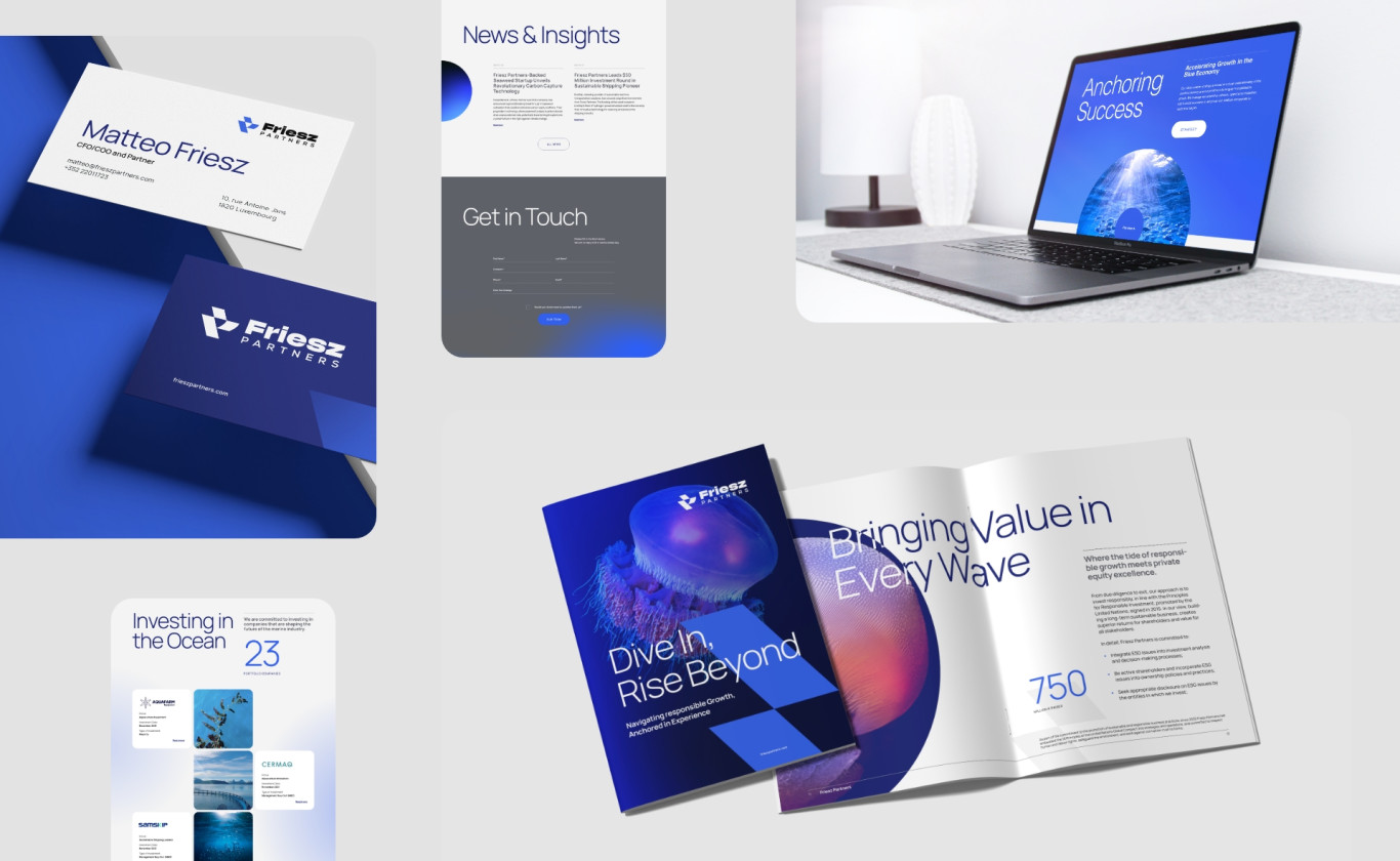 A private equity marketing collateral designed by Ajust Design, highlighting a sophisticated visual identity with a focus on the Blue Economy.
