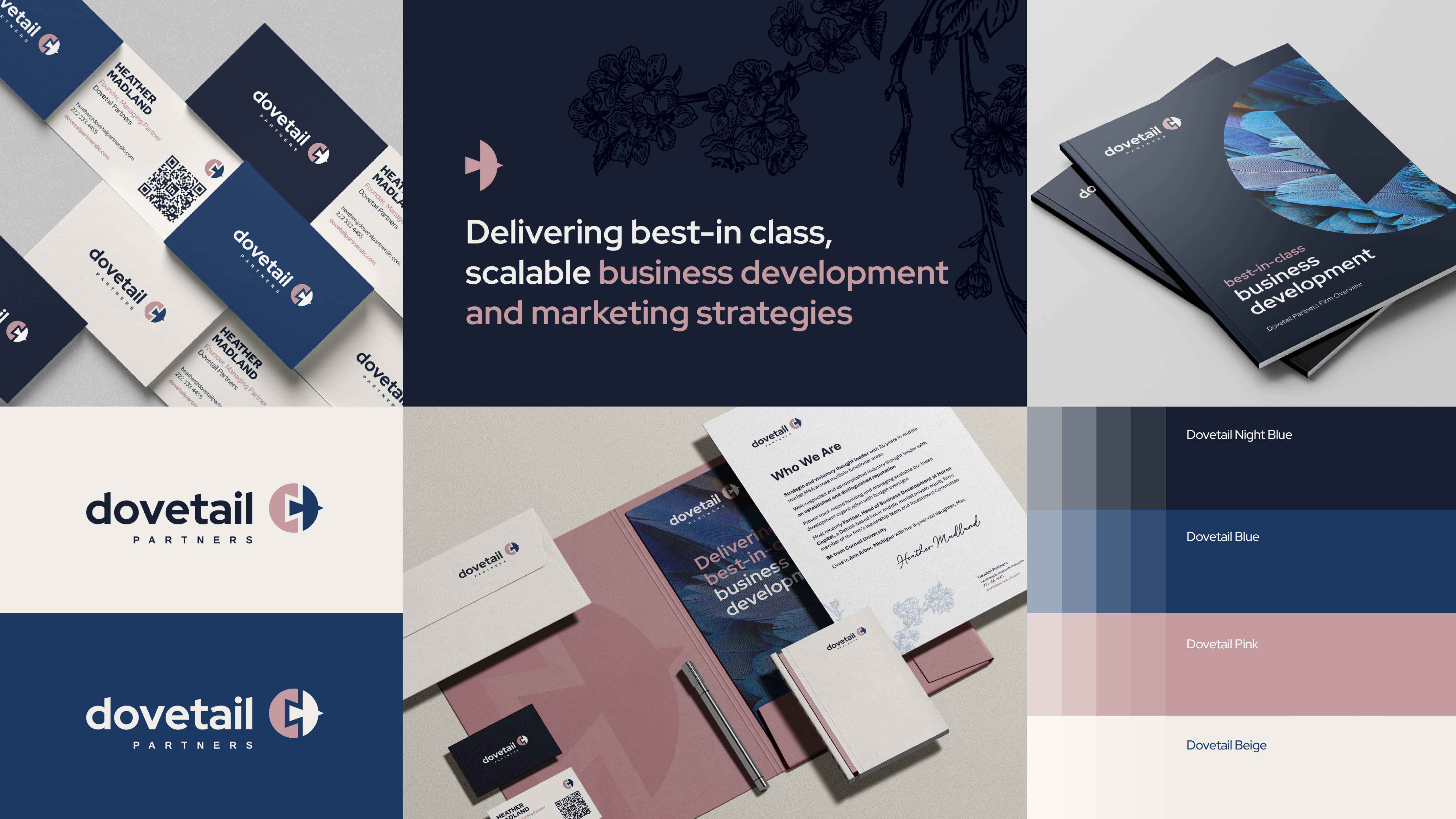 Overview of Dovetail Partners' brand visual identity, highlighting logo design, typography, color palette, and geometric patterns symbolizing precision and partnership.