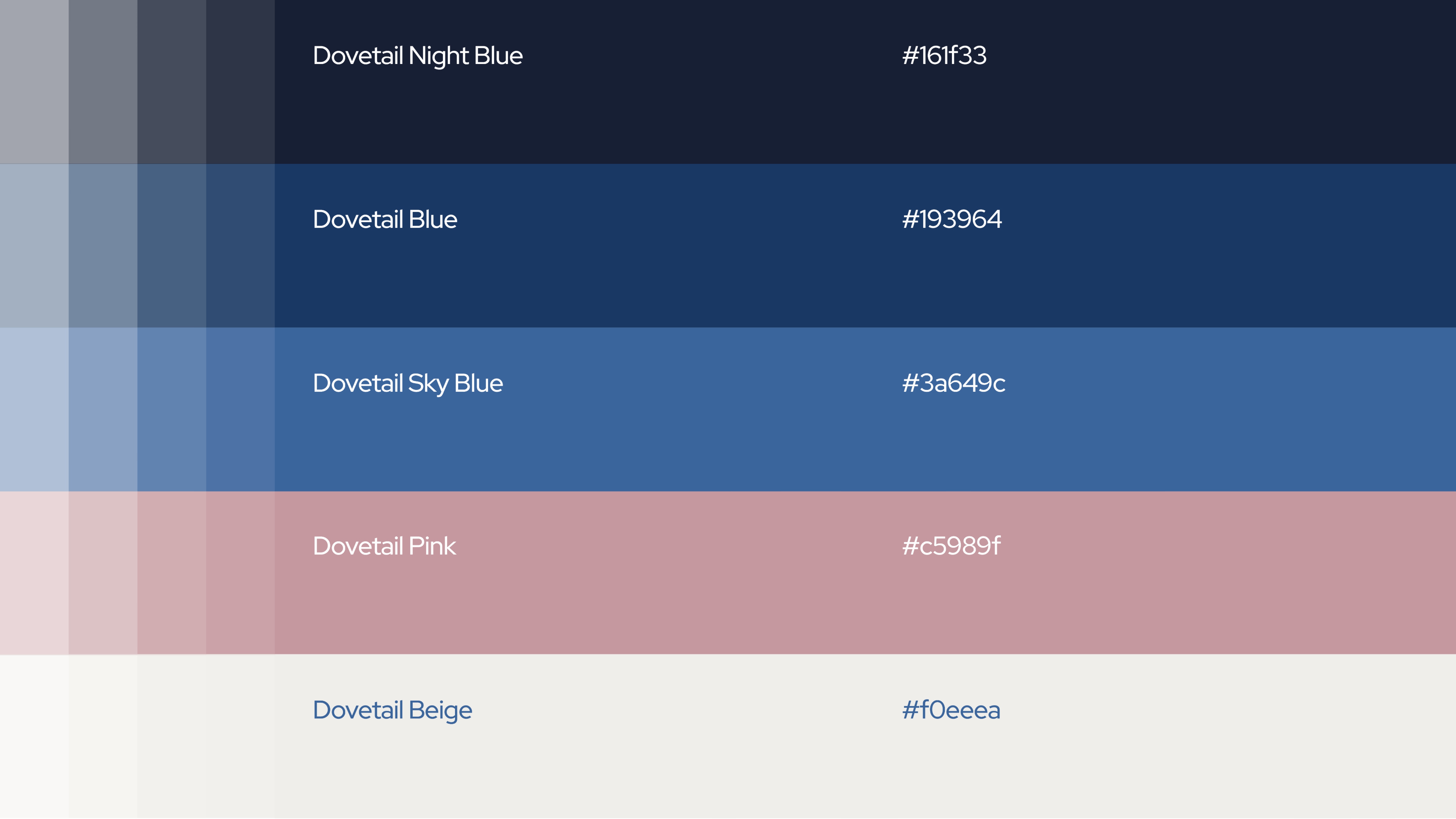 Dovetail Partners color palette featuring rich blues and subtle pinks, balancing sophistication with a distinctive, approachable aesthetic.