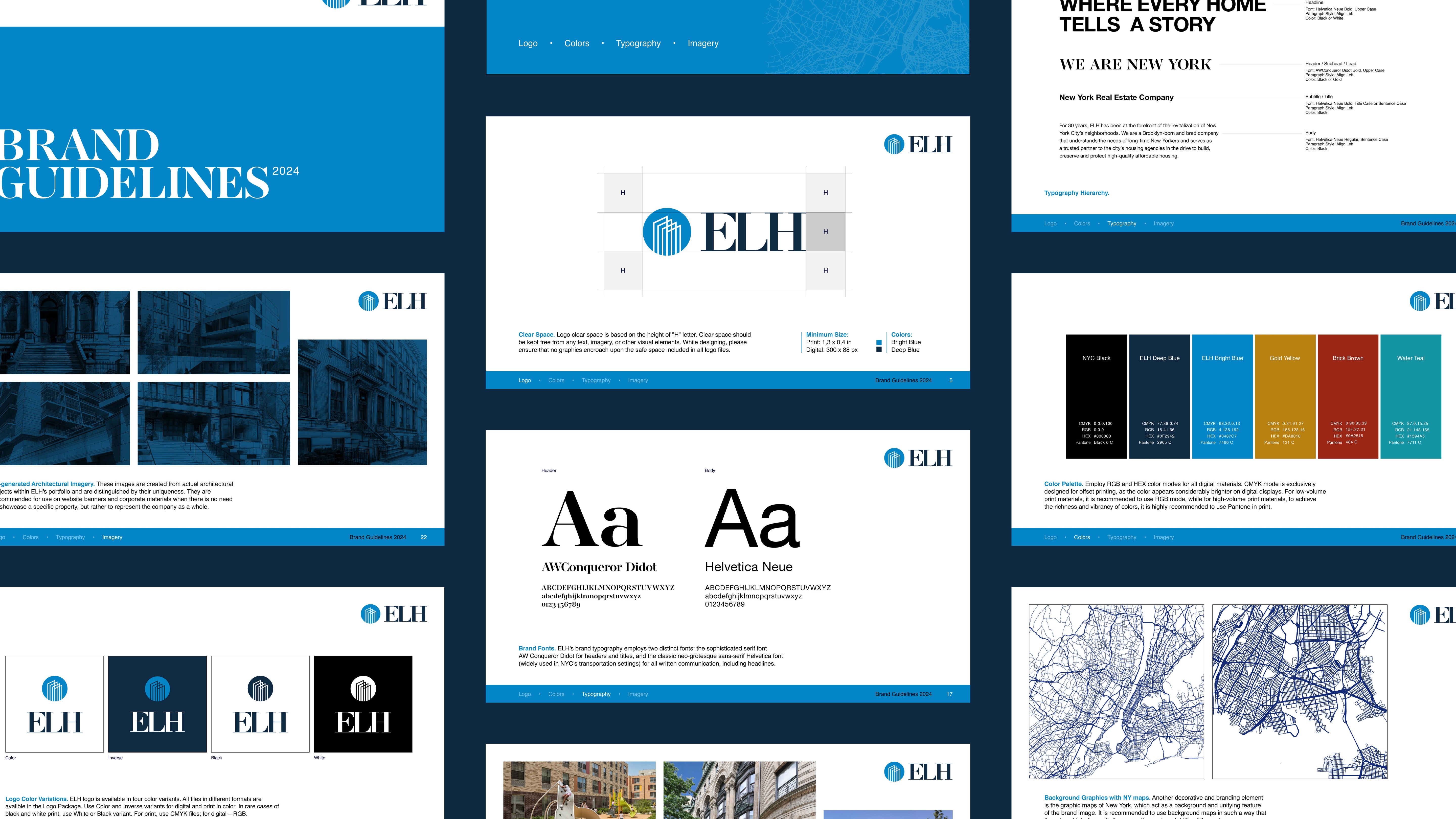 ELH Mgmt. brand guidelines document featuring visual identity elements, typography, and color palette for a modern digital presence.