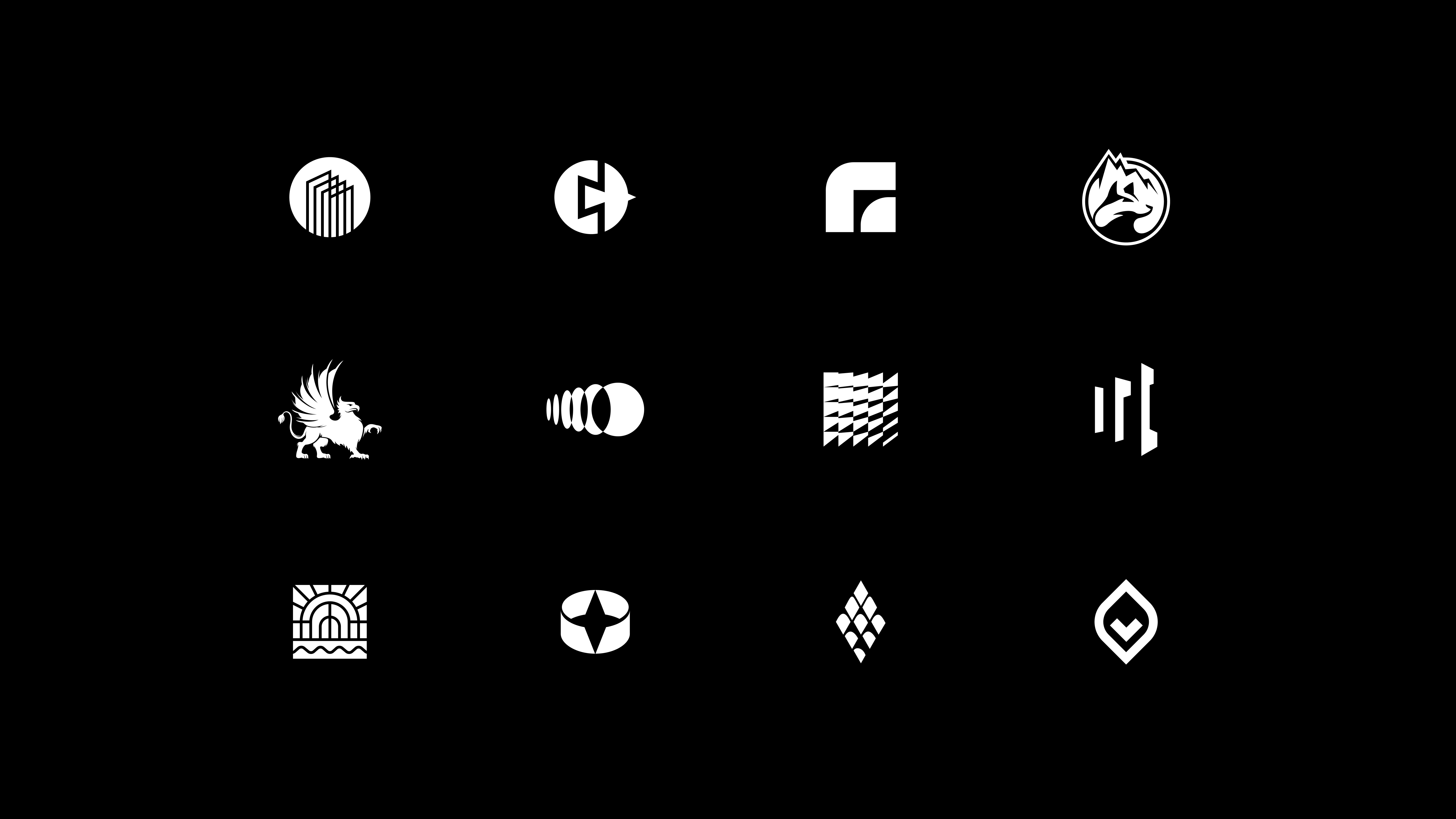 Collection of abstract and pictorial brand marks designed for private equity firms, emphasizing creativity and strategic identity.