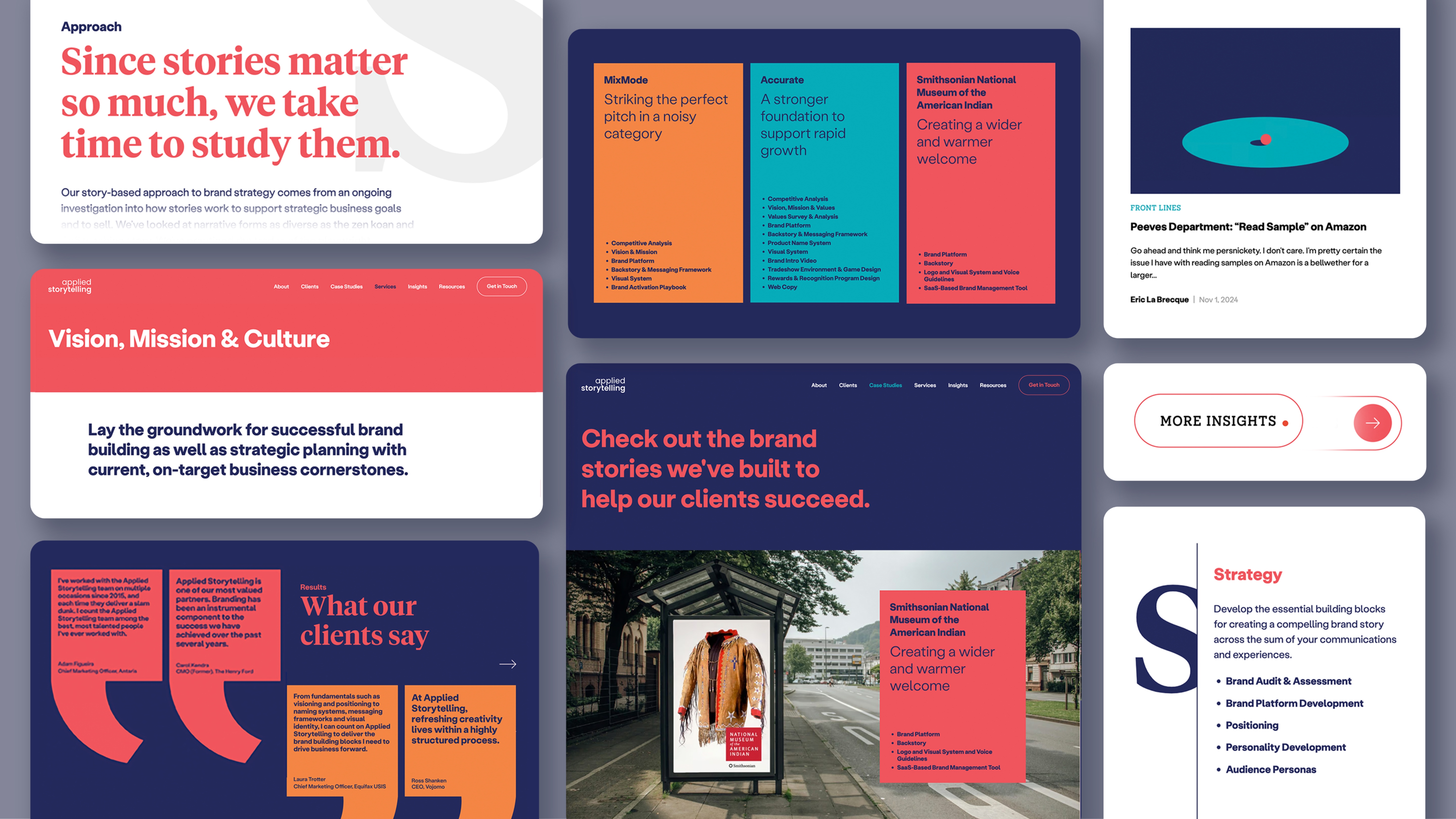 Applied Storytelling website UI elements, showcasing colorful client stories, strategic design components, and engaging user experiences.