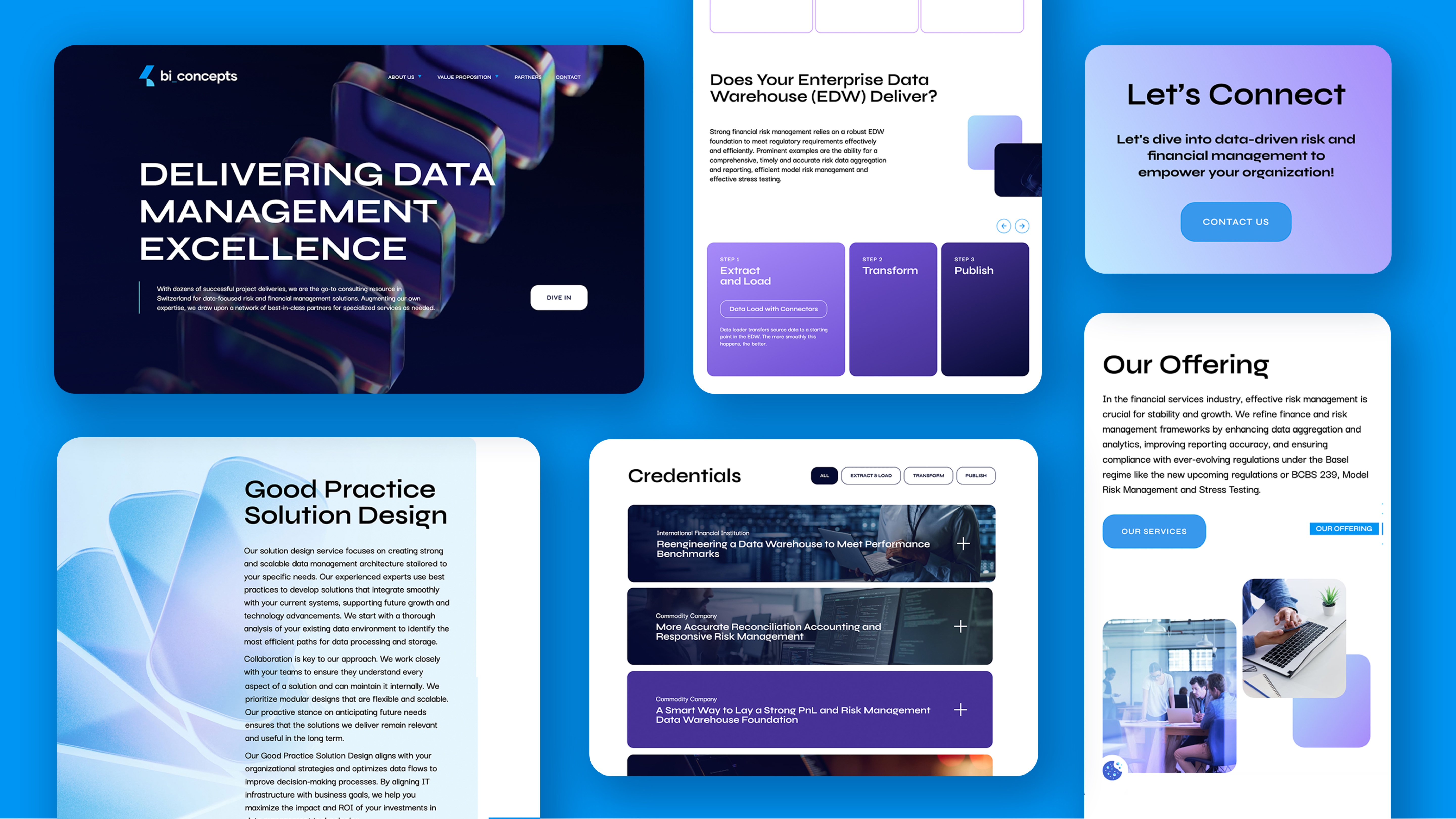 UI elements from the BI Concepts website showcasing modular components for services, credentials, and offerings in a clean, modern layout.