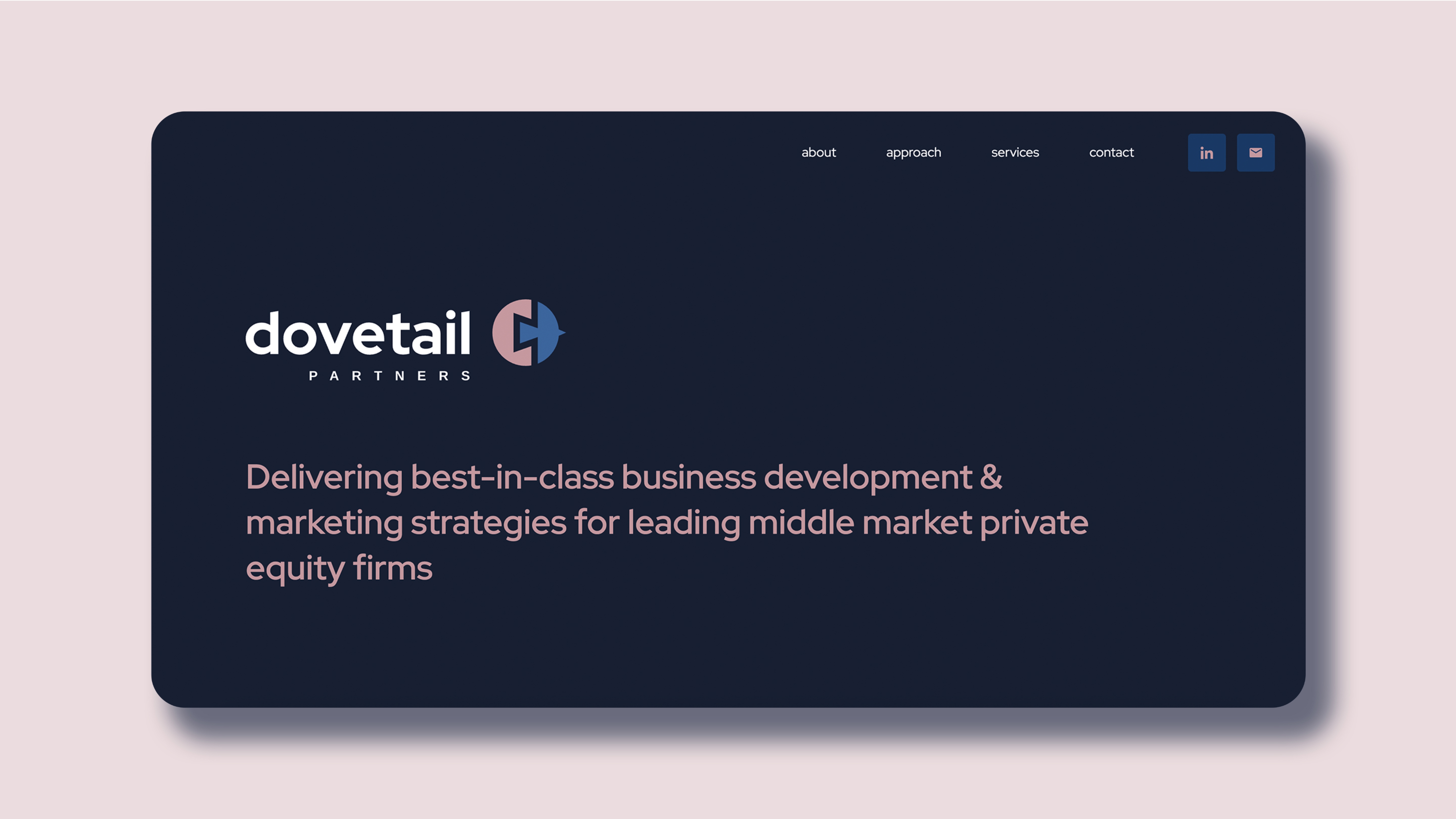 Dovetail Partners homepage displaying a dark background with the tagline 'Delivering best-in-class business development & marketing strategies for leading middle market private equity firms.