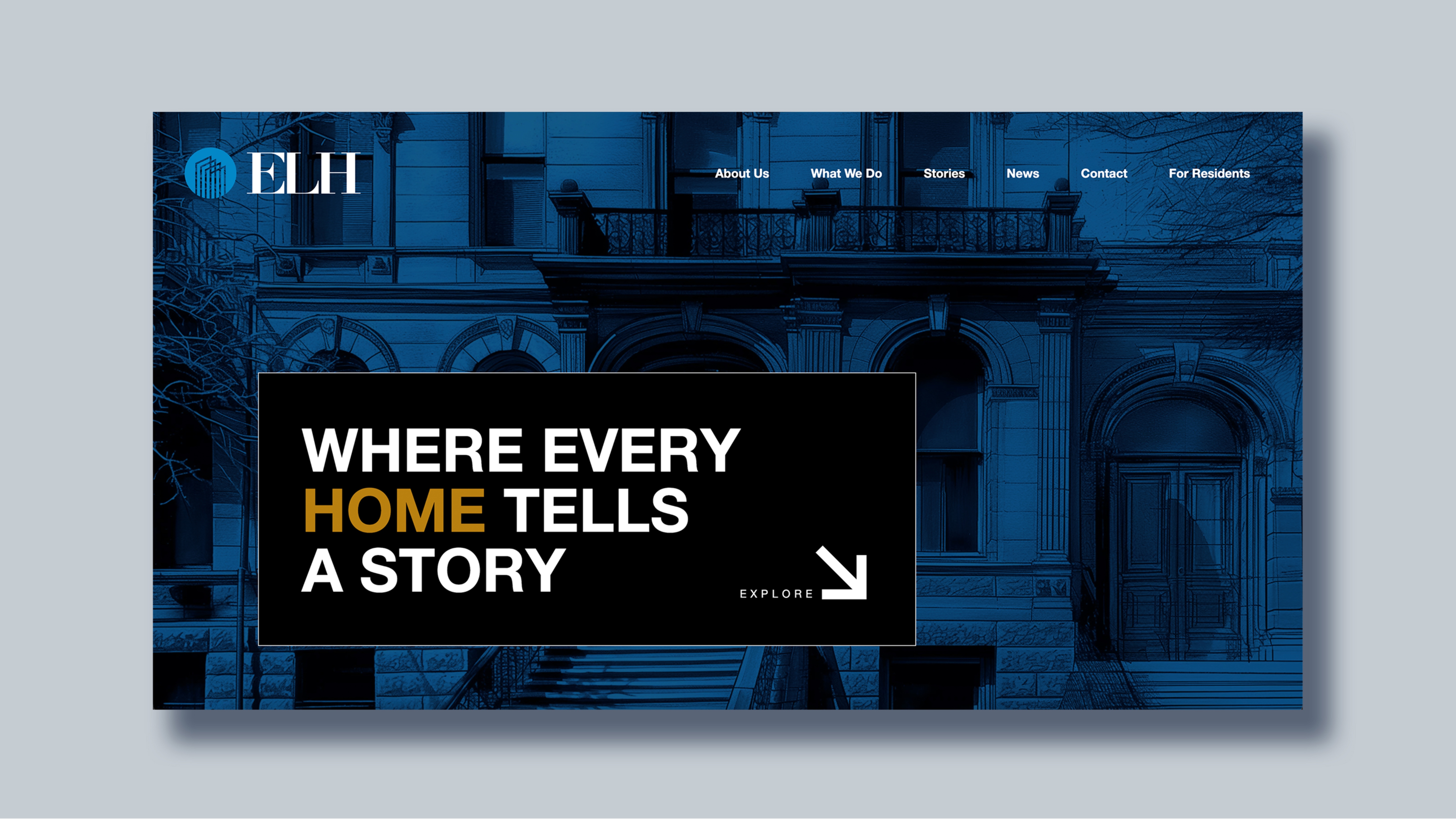 ELH Mgmt homepage banner featuring the tagline 'Where Every Home Tells a Story' with a backdrop of historic New York architecture.