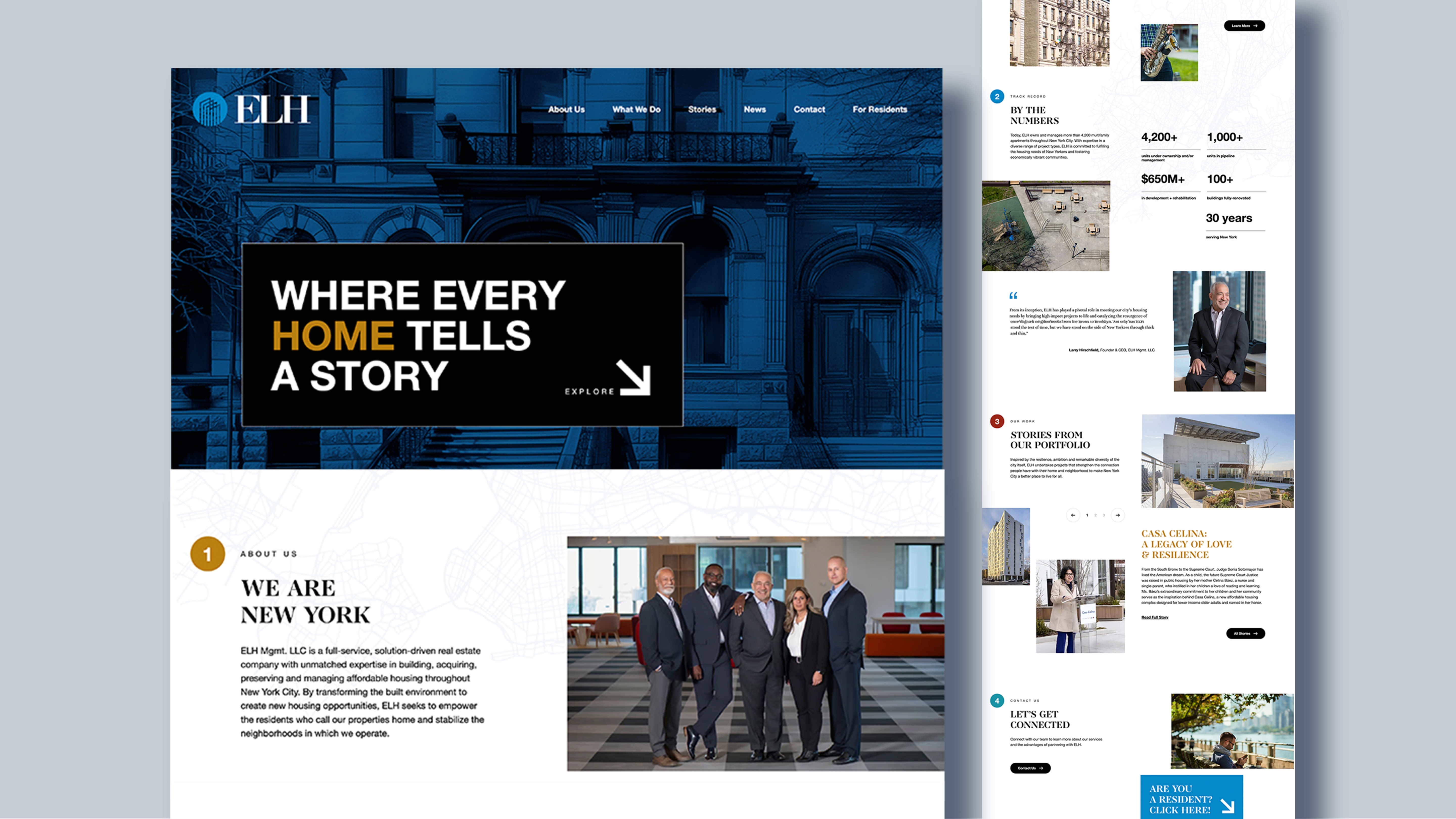 ELH Mgmt homepage highlighting affordable housing initiatives, track records, and community impact stories