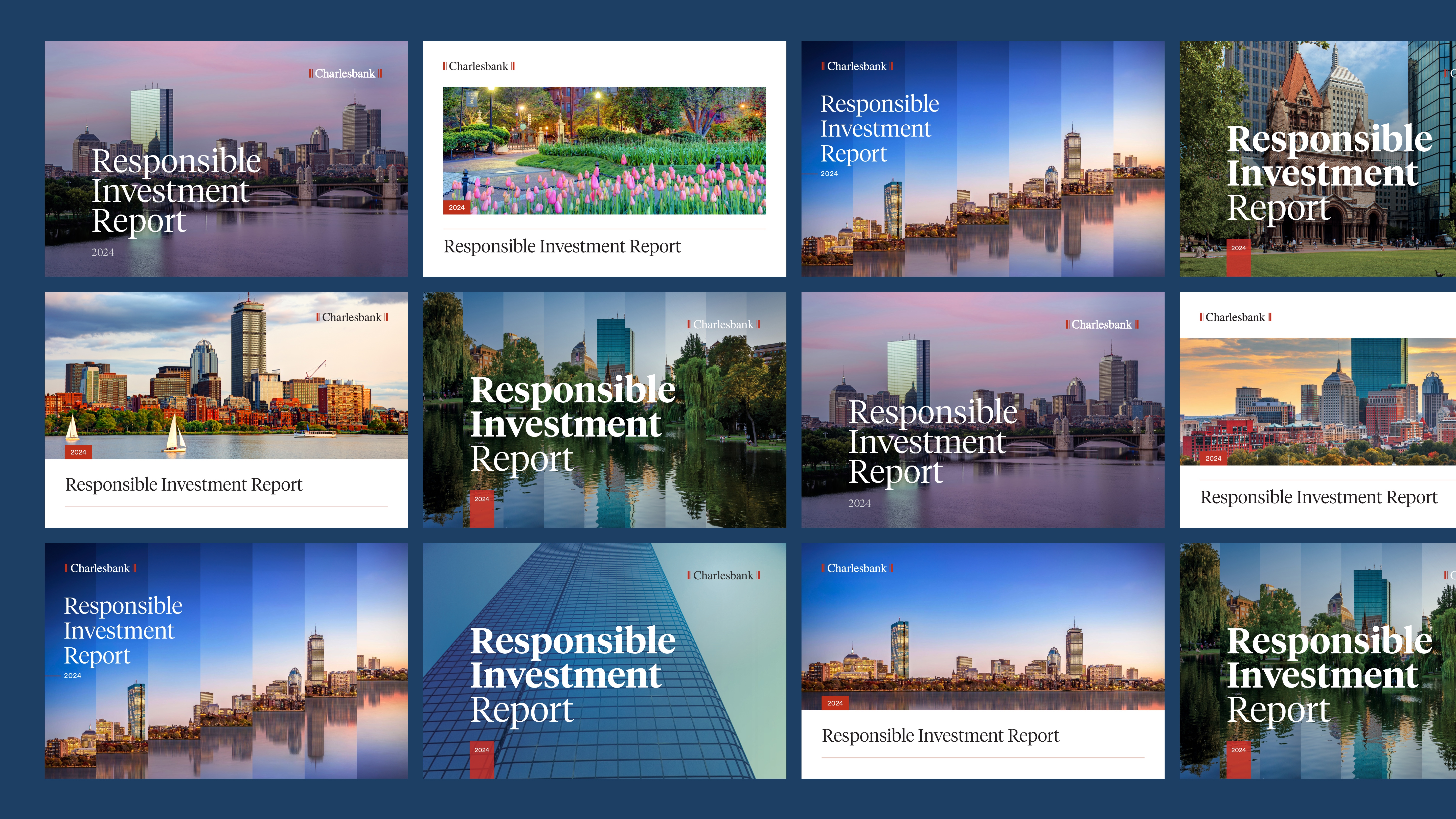 Mockup of a Responsible Investment Report cover featuring Charlesbank branding, with a serene cityscape at sunset and bold white typography for the title and year