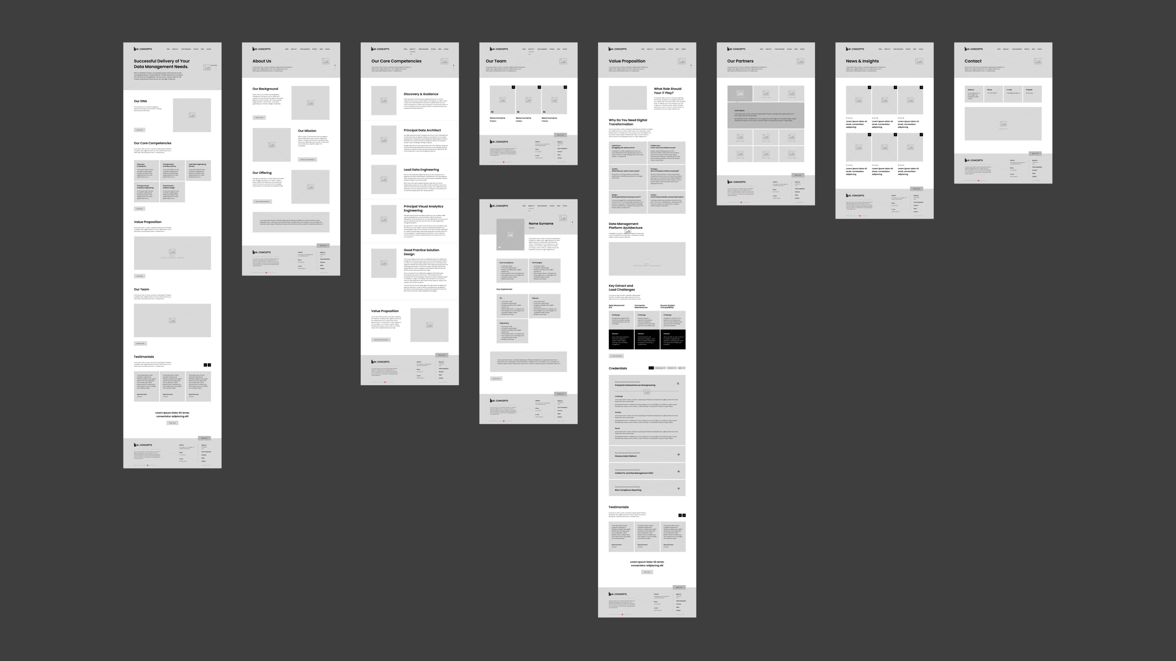 Wireframes of BI Concepts website illustrating the design framework, page hierarchy, and navigation pathways.