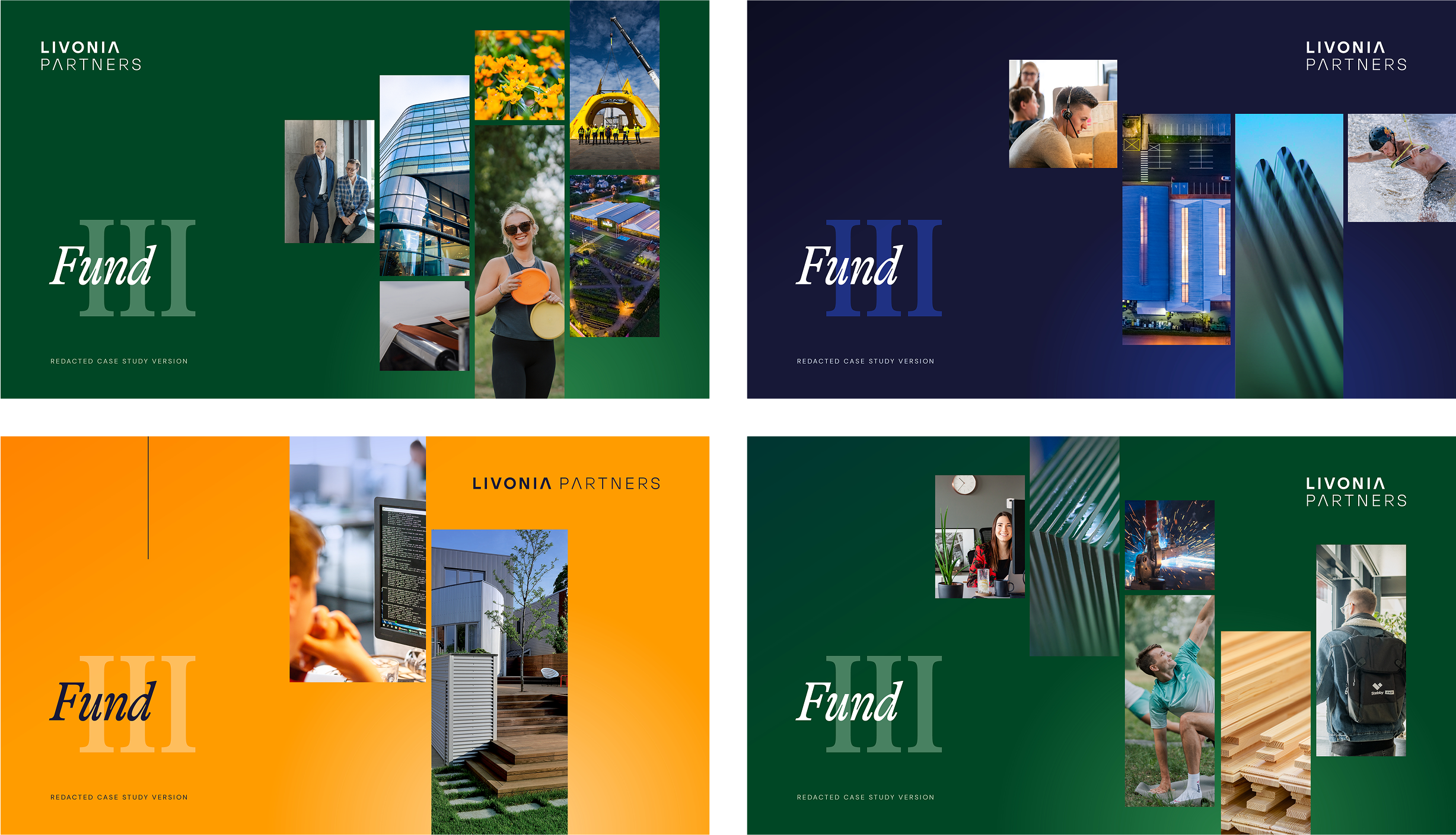 Set of Livonia Partners Fund III case study cover designs in various color themes, each featuring curated investment imagery reflecting diverse sectors and portfolio highlights.