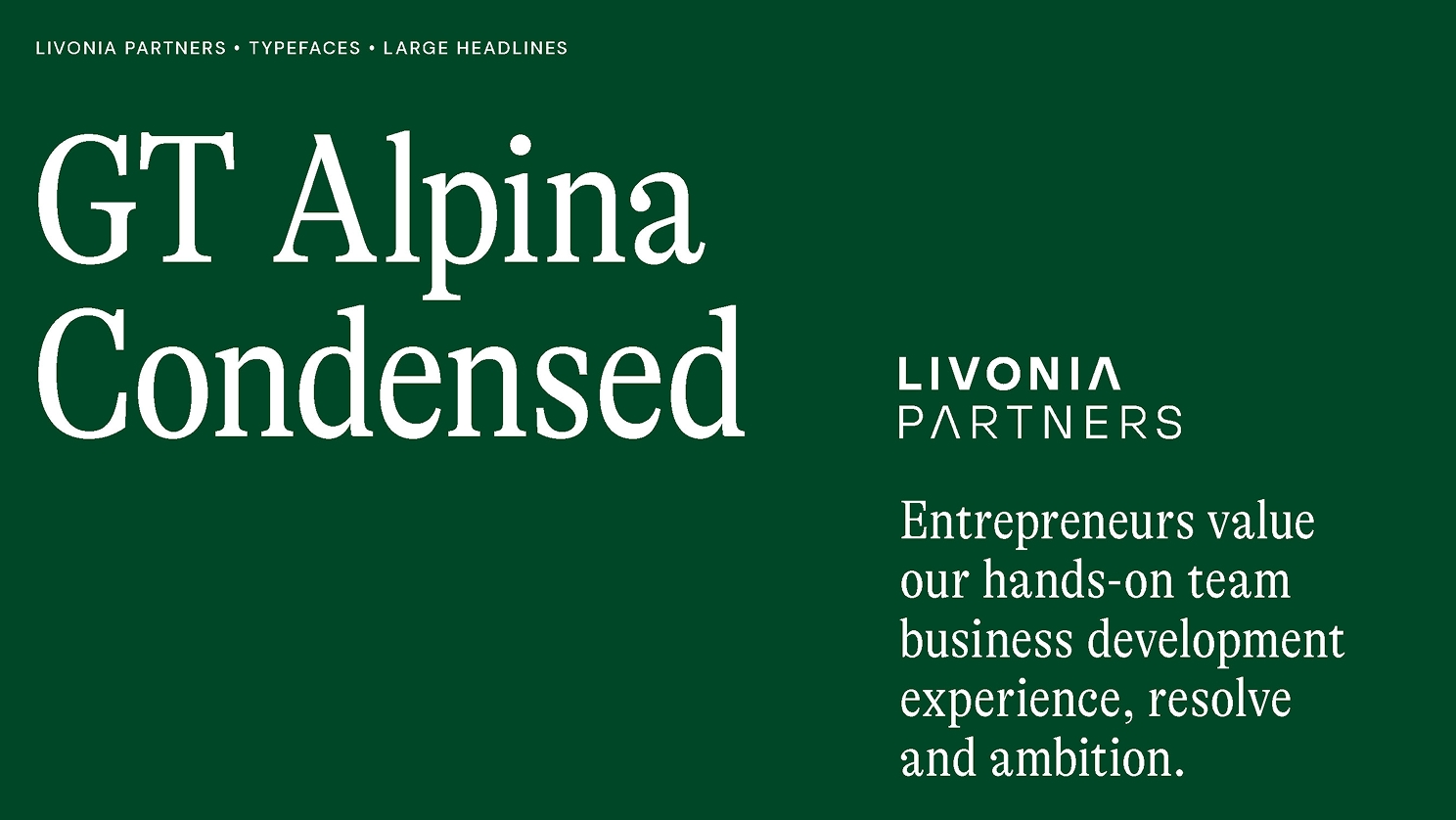 Livonia Partners brand slide featuring GT Alpina Condensed typeface for large headlines, with messaging highlighting business development experience and entrepreneurial value.