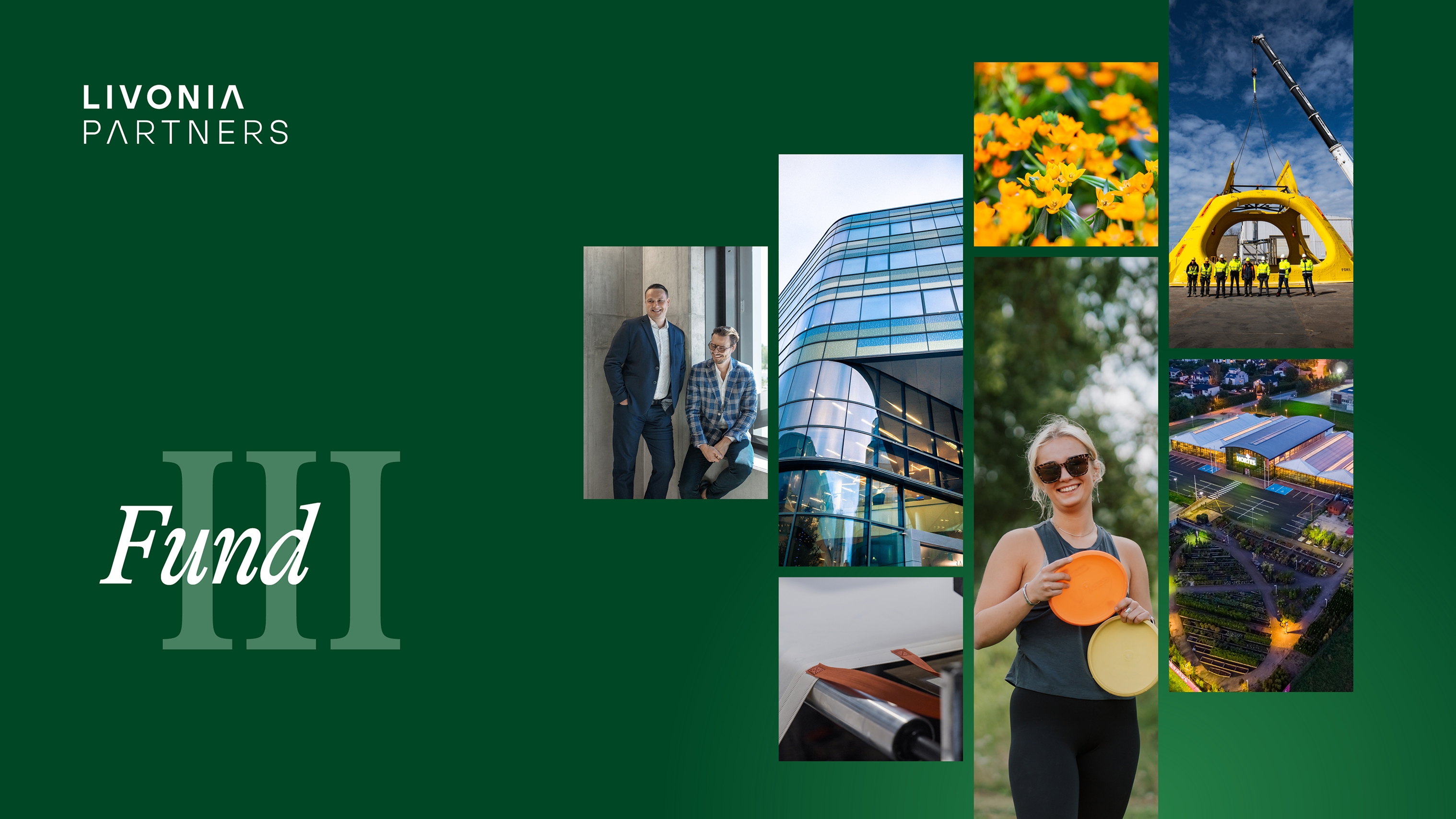 Livonia Partners Fund III cover image featuring executives, modern architecture, industrial construction, sustainability, and leisure, representing private equity portfolio diversity.