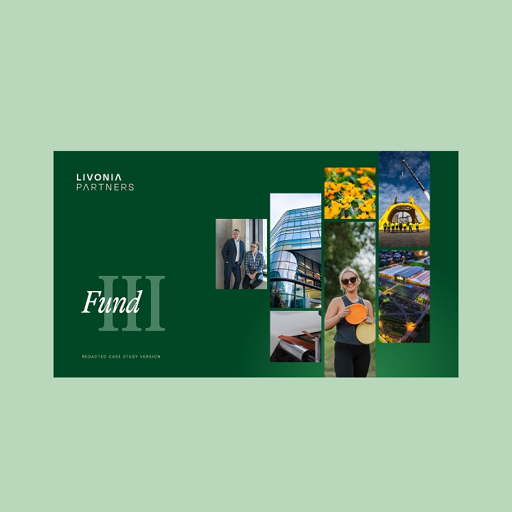 Livonia Partners Fund III presentation cover with green background and collage of portfolio-related images, representing diverse investments across industries.
