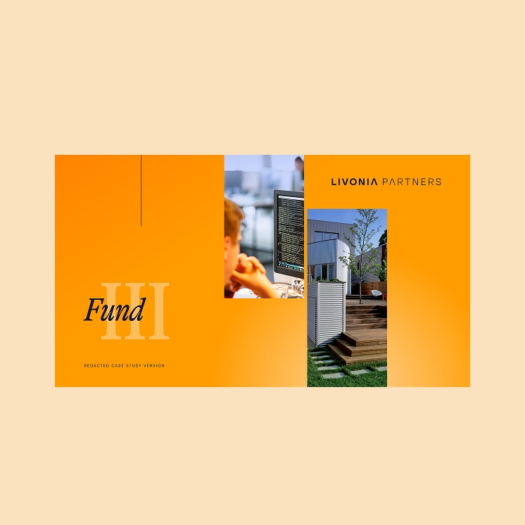 Livonia Partners Fund III presentation cover in bright orange, featuring tech and real estate imagery to highlight investment diversity.