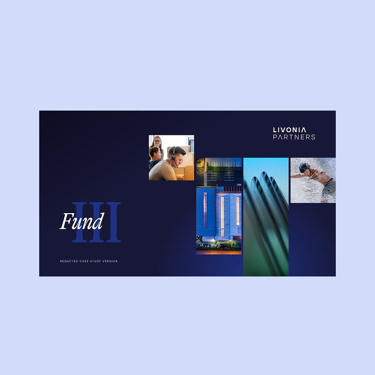 Livonia Partners Fund III cover with dark blue background and imagery of tech support, real estate, manufacturing, and endurance sports, illustrating portfolio diversity.