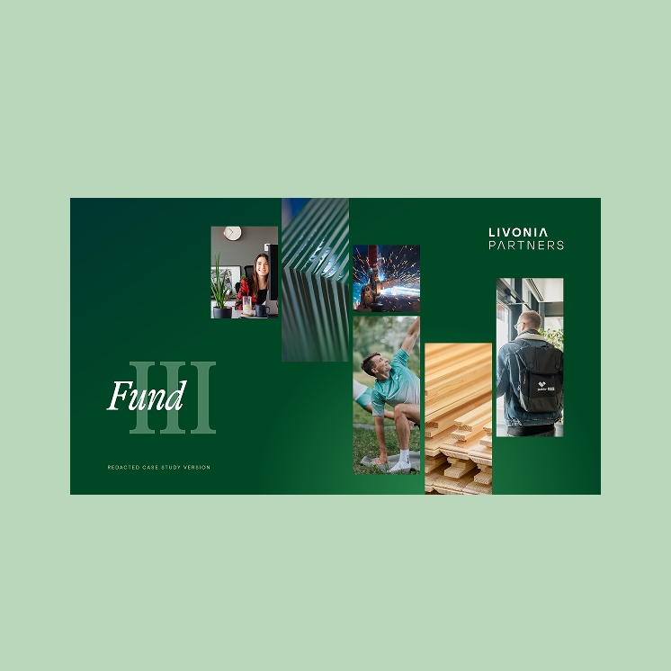 Livonia Partners Fund III cover in green with collage showing manufacturing, wellness, education, and entrepreneurship, reflecting a diverse investment portfolio.